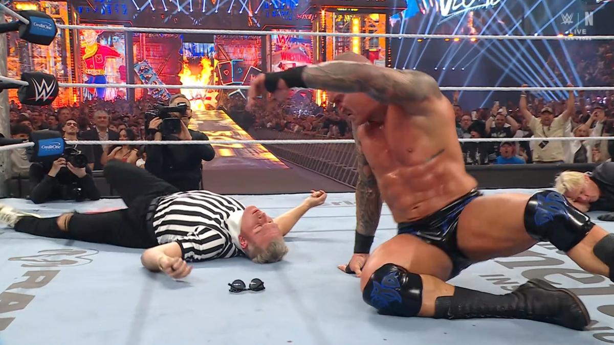 Randy Orton looking at Pat McAfee following an RKO at WWE WrestleMania 42