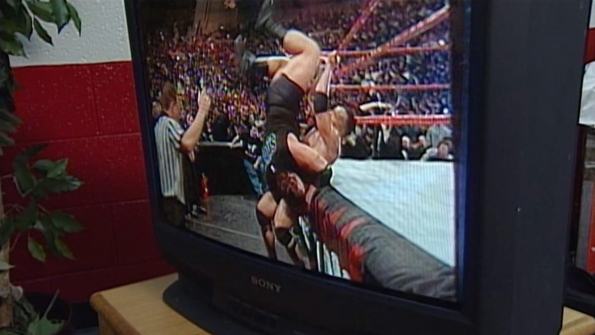 CRT TV showing Big Show and The Rock's botched elimination at Royal Rumble 2000