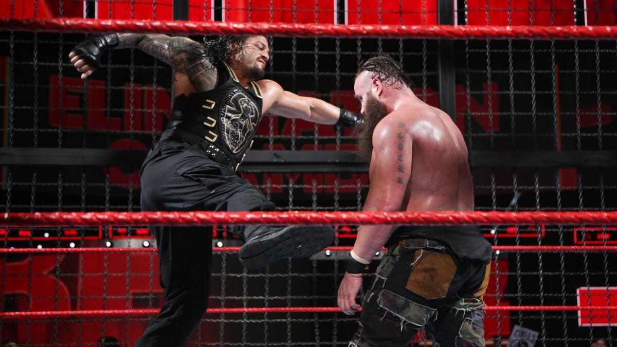 Roman Reigns hitting a Superman Punch to Braun Strowman