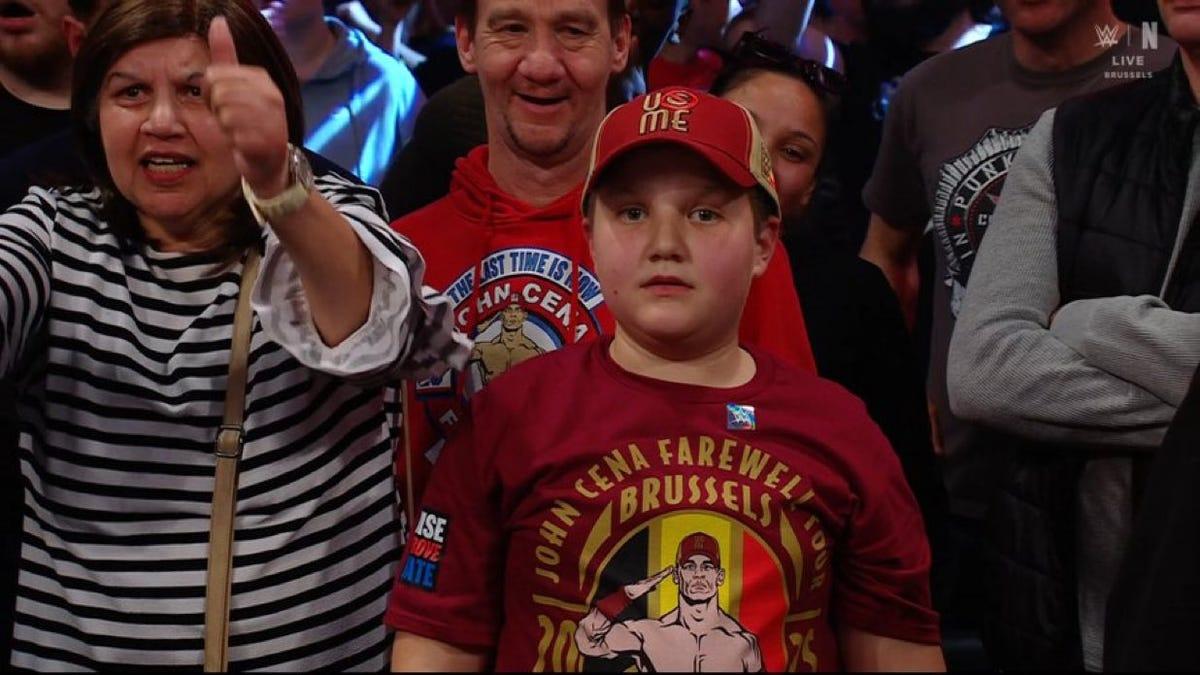 A child John Cena fan looks sad after Cena calls him out during his first heel promo in 2025