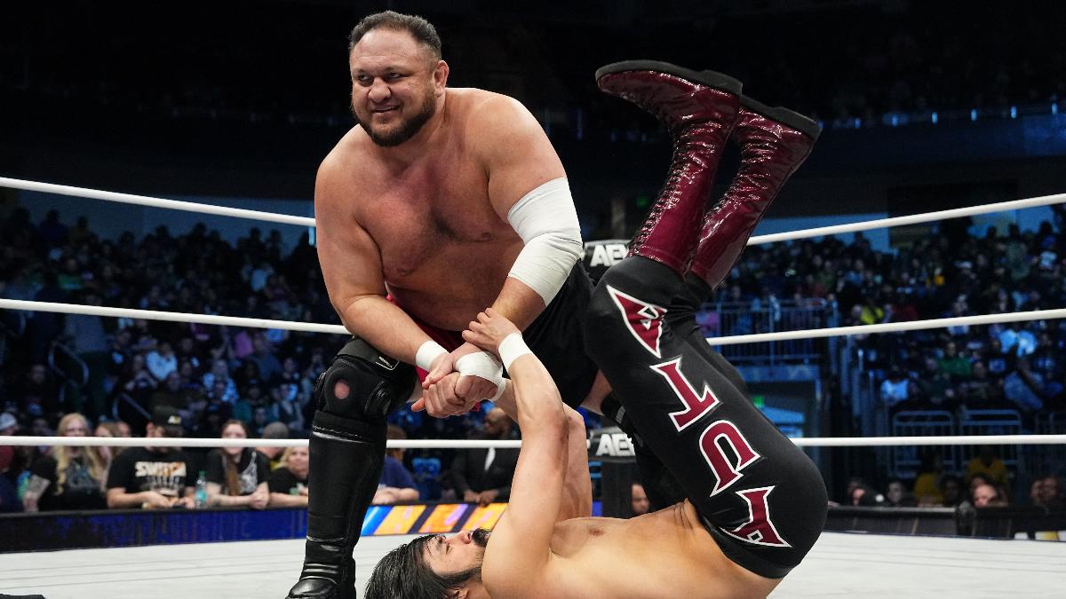 Samoa Joe holding down Wheeler Yuta on AEW Dynamite