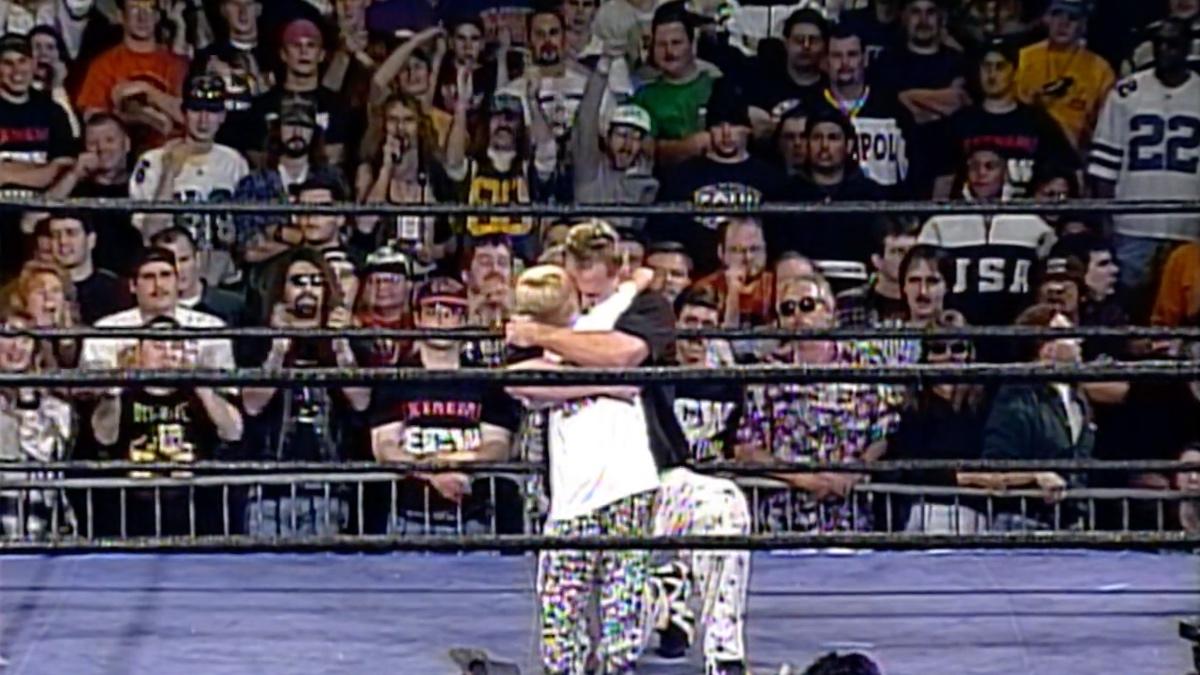 The Sandman hugging Tyler at ECW High Incident