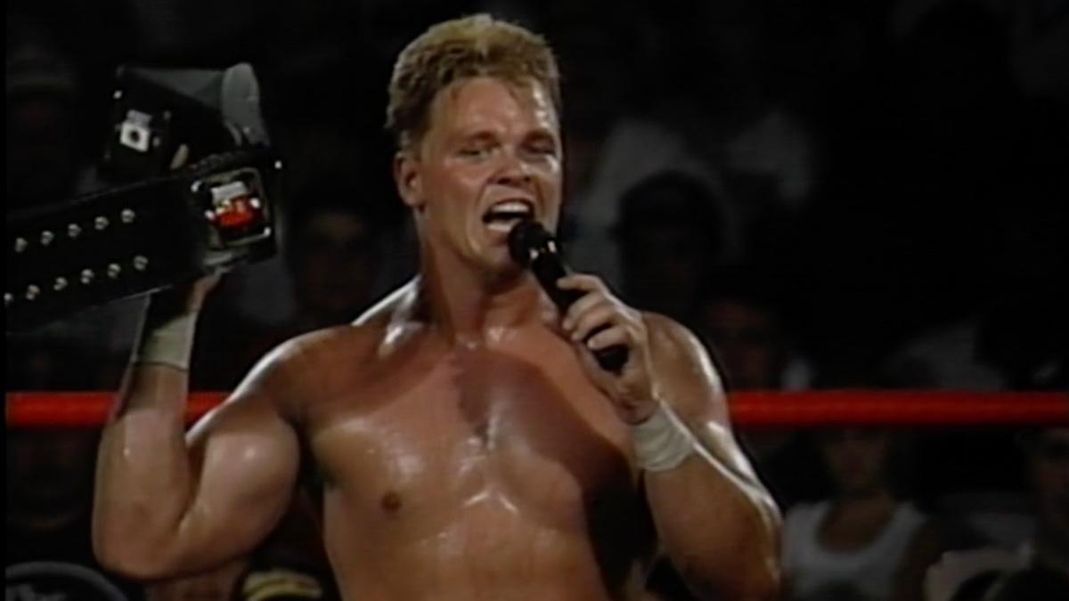 Shane Douglas throwing down the NWA Worlds Heavyweight Title