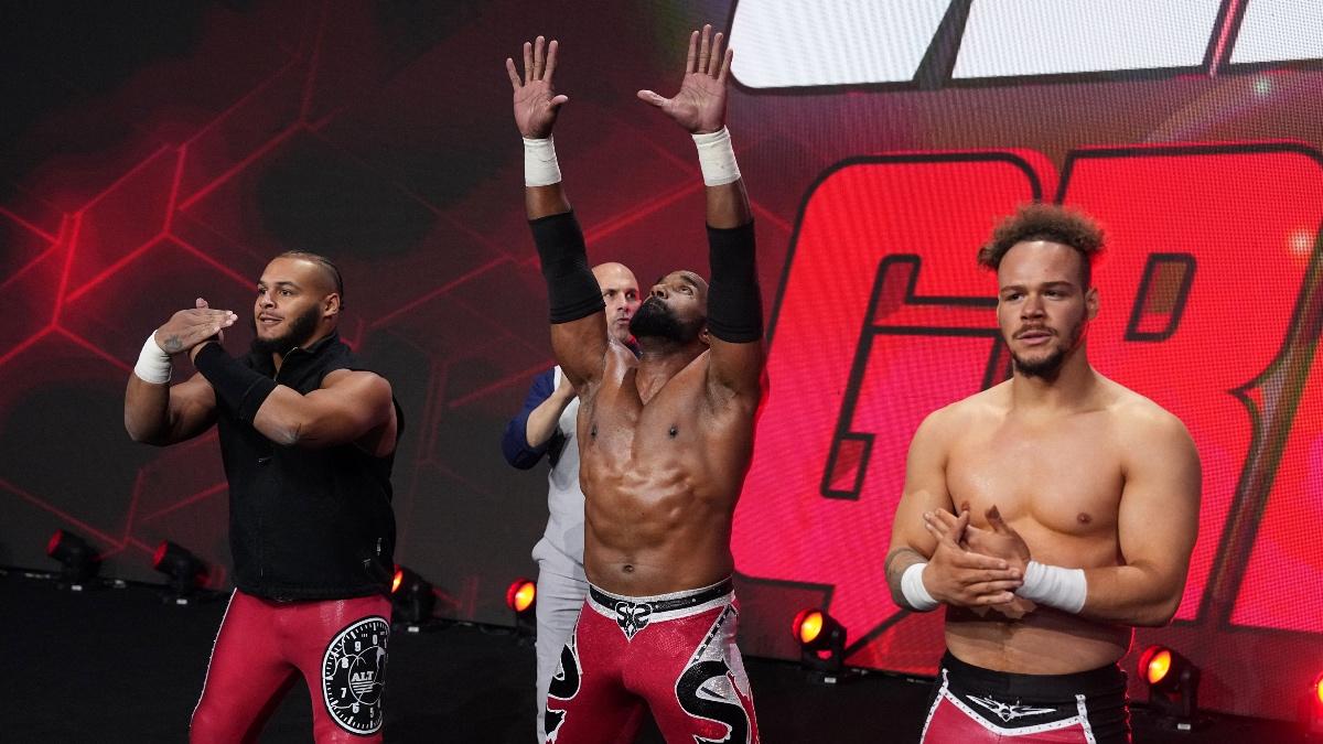 Dante Martin on the right, Scorpio Sky in the middle, and Darius Martin on the left with Christopher Danielson behind, making their entrance on AEW Dynamite