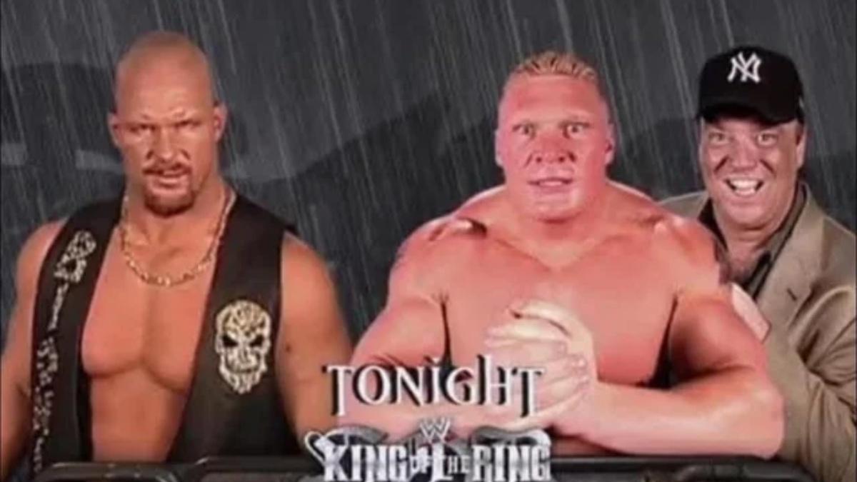 Graphic for Brock Lesnar vs. Steve Austin in a 2002 King of the Ring qualifying match which never took place after Austin walked out