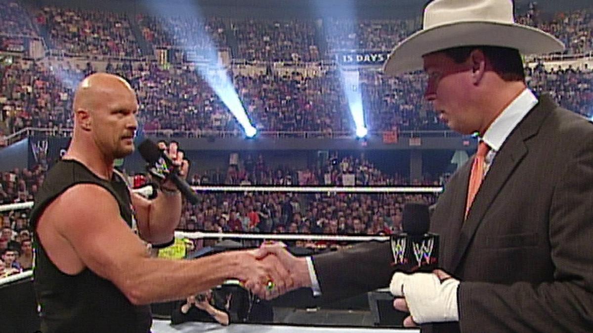 Steve Austin shaking hands with JBL on the March 18, 2006 episode of WWE Saturday Night's Main Event