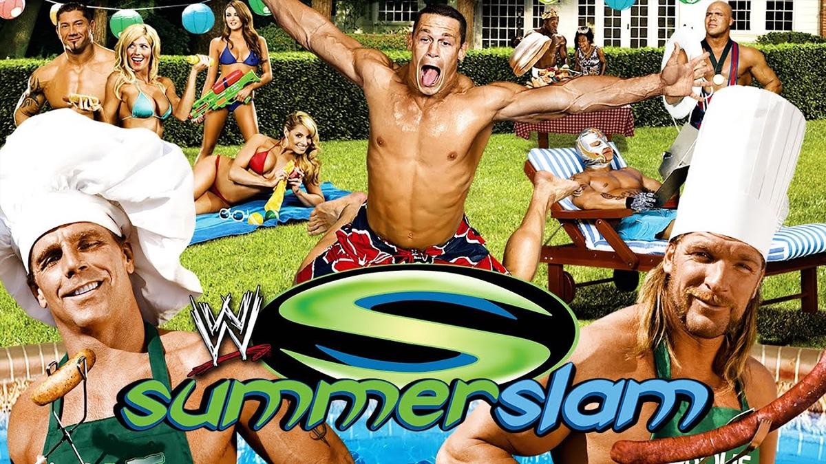 Poster for WWE SummerSlam 2006 featuring Triple H and Shawn Michaels barbecuing and John Cena jumping into a pool among other wrestlers enjoying the sun behind the big green SummerSlam logo