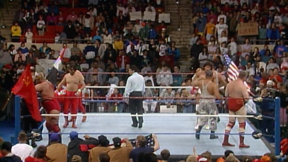 The Alliance and The Mercenaries standing on opposite sides of the ring at Survivor Series 1990