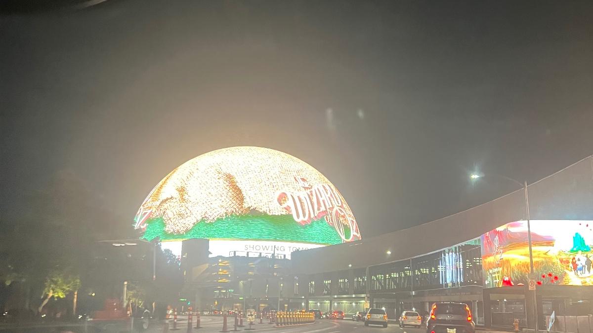 The Sphere in Las Vegas displaying an ad for The Wizard of Oz