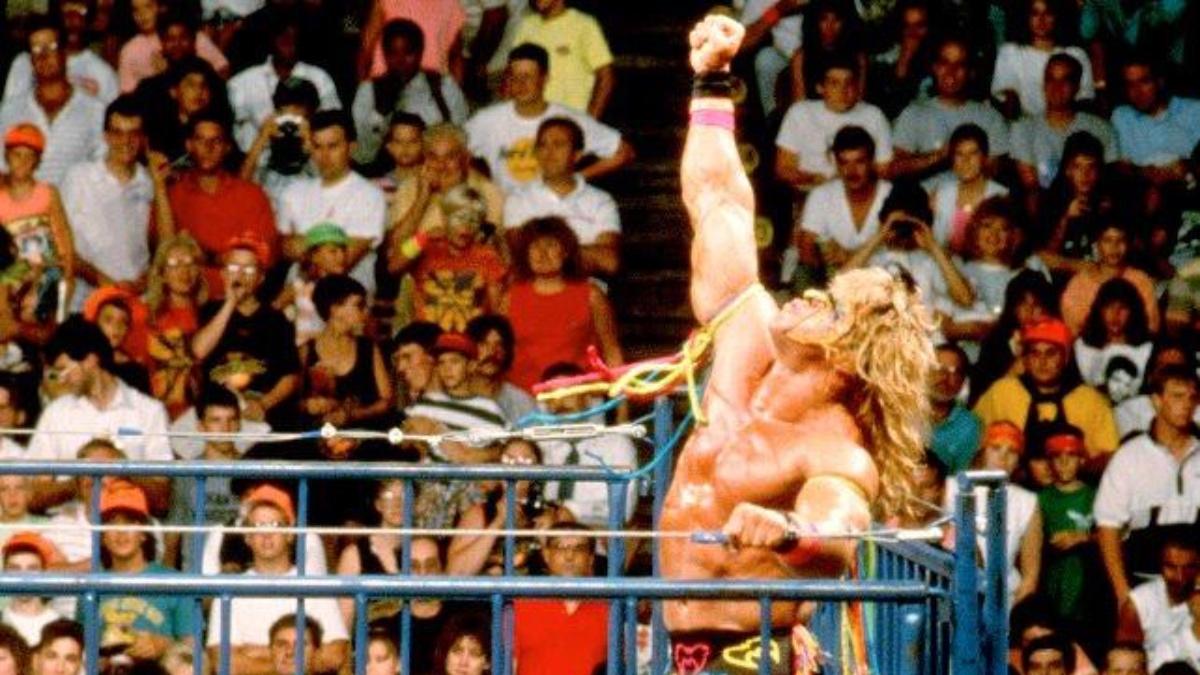 The Ultimate Warrior celebrating while standing on the top turnbuckle inside the steel cage at WWE SummerSlam 1990