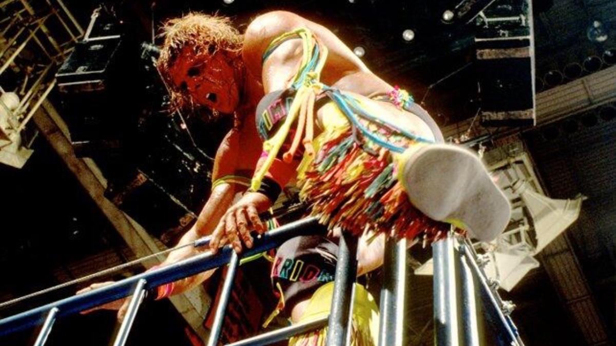 The Ultimate Warrior climbing the blue cage at WWE SummerSlam 1990