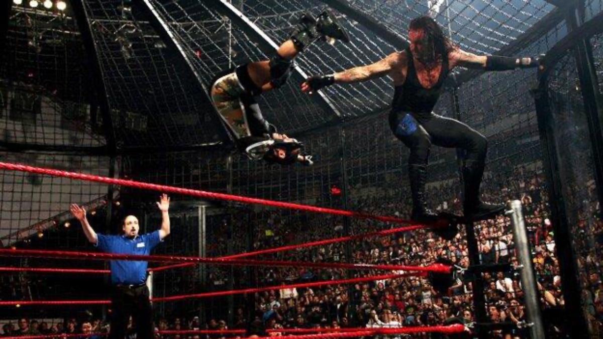 The Undertaker looking on from the top rope as MVP does a flip behind him following a choke slam inside Elimination Chamber