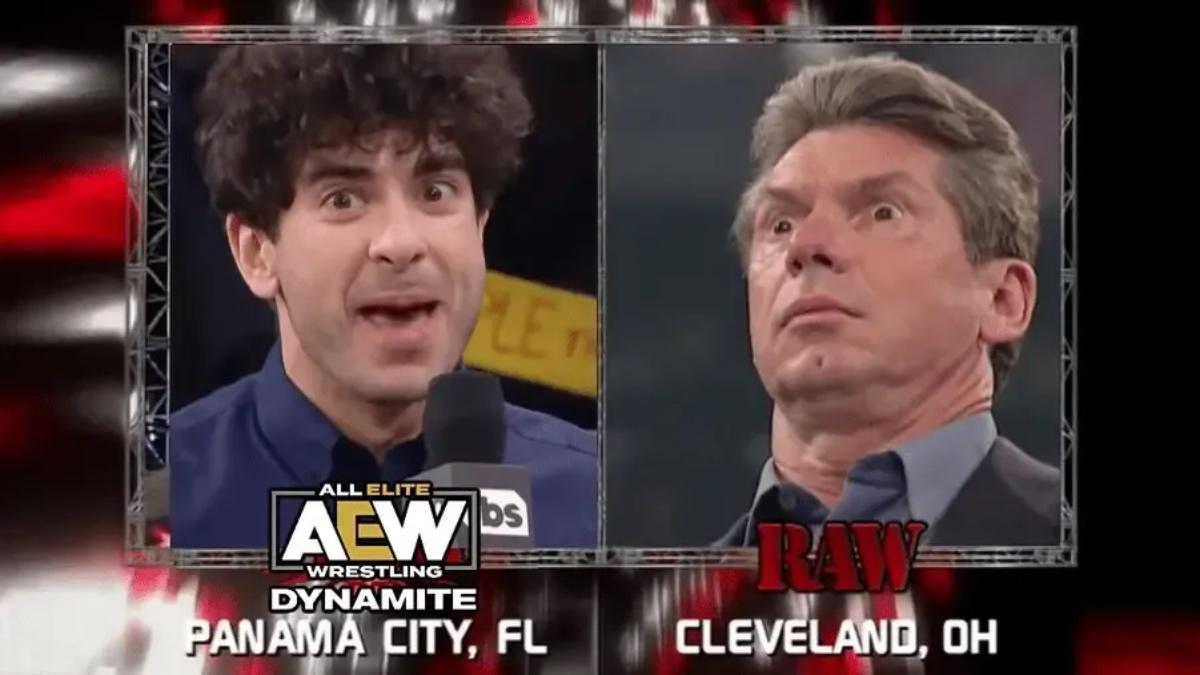 Mock image of split screen of WWE Raw in March 2001 with Vince McMahon looking shocked on the right and Tony Khan gleeful on the left