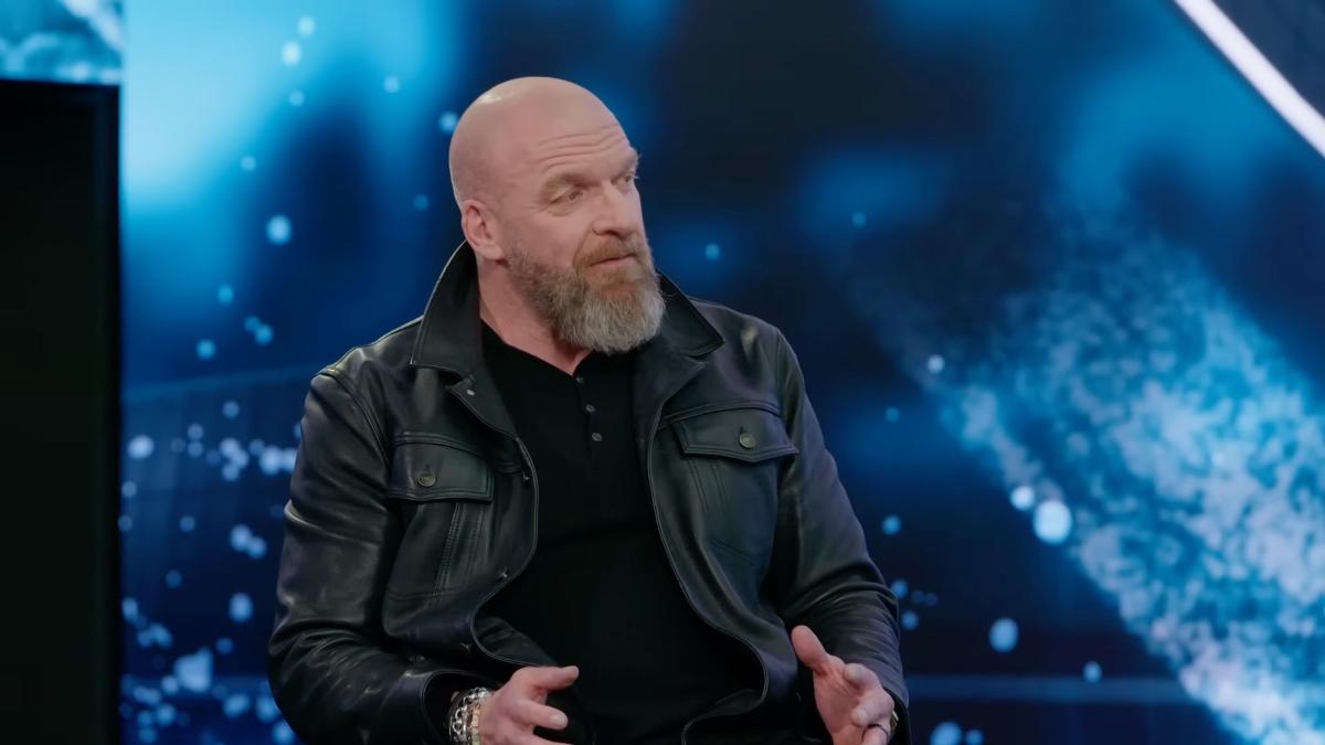 Triple H sitting in a chair in a black leather jacket in April 2026