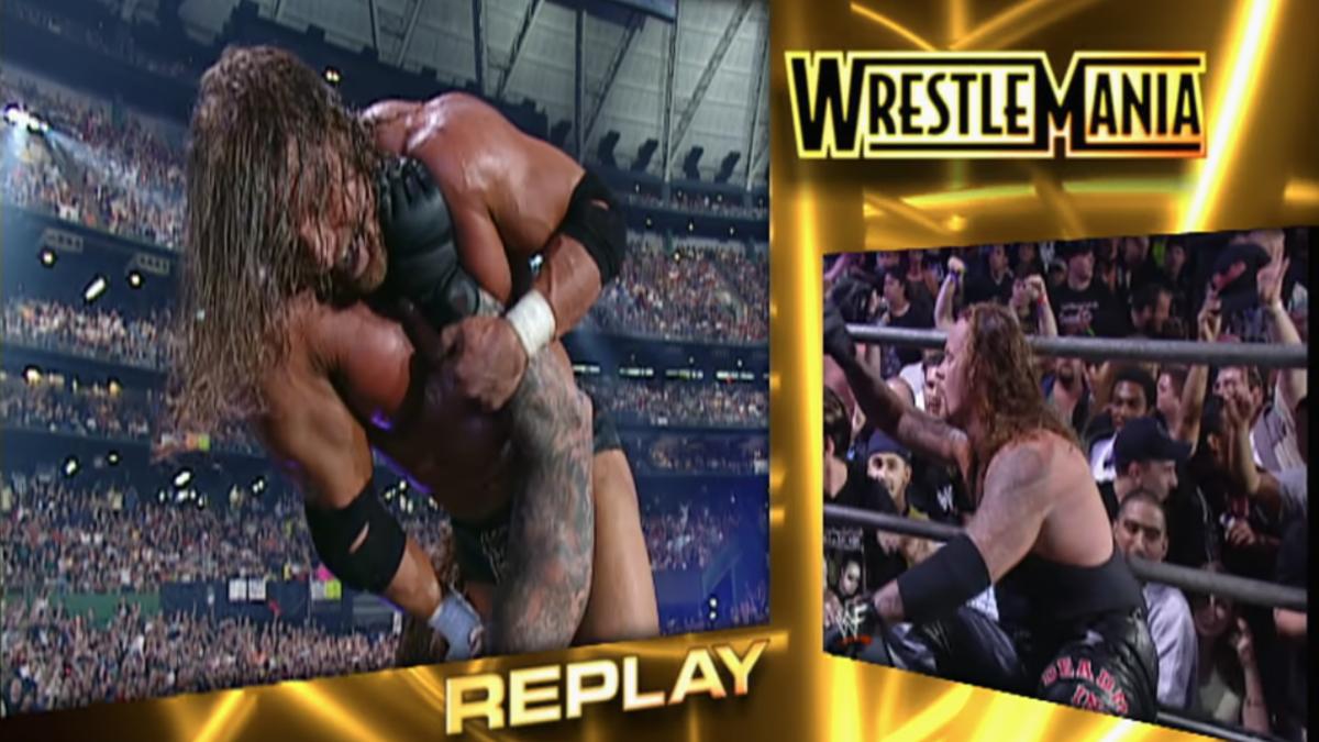 Replay of The Undertaker with his hand around Triple H's throat at WWE WrestleMania X-Seven