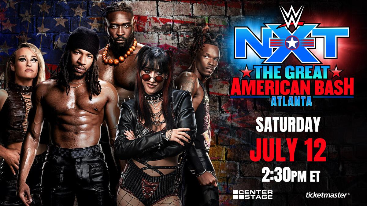 Poster for WWE NXT Great American Bash featuring Jacy Jayne front and centre with Je'Von Evans to the right, Trick Williams to the left, and Oba Femi above