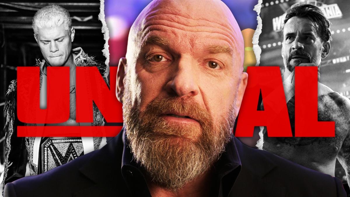 WWE: Unreal thumbnail with Triple H in the centre, Cody Rhodes to the left and CM Punk to the right