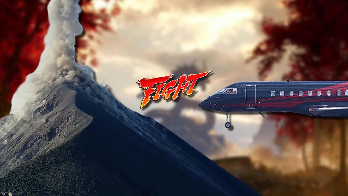 A volcano on the left hand side with a WWE plane on the right hadn't side and the words 'fight' in between them