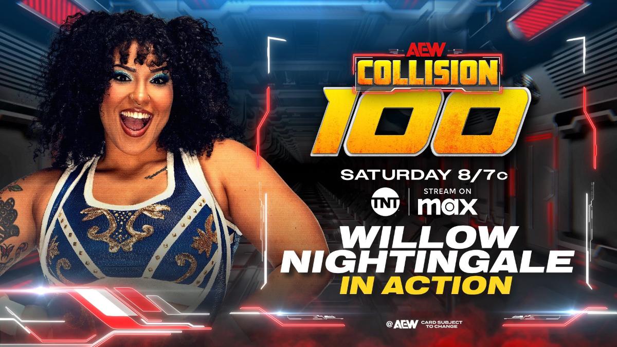 Graphic for Willow Nightingale in action at AEW Collision 100