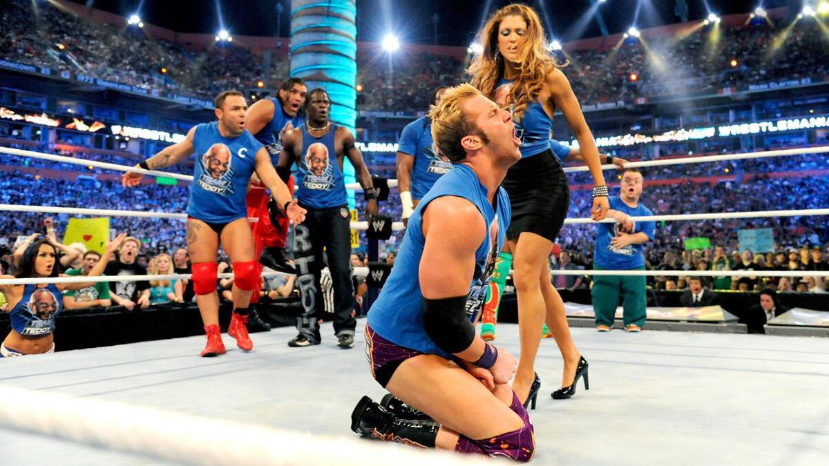 Zack Ryder in pain after being low blowed by Eve Torres at WWE WrestleMania XXVIII