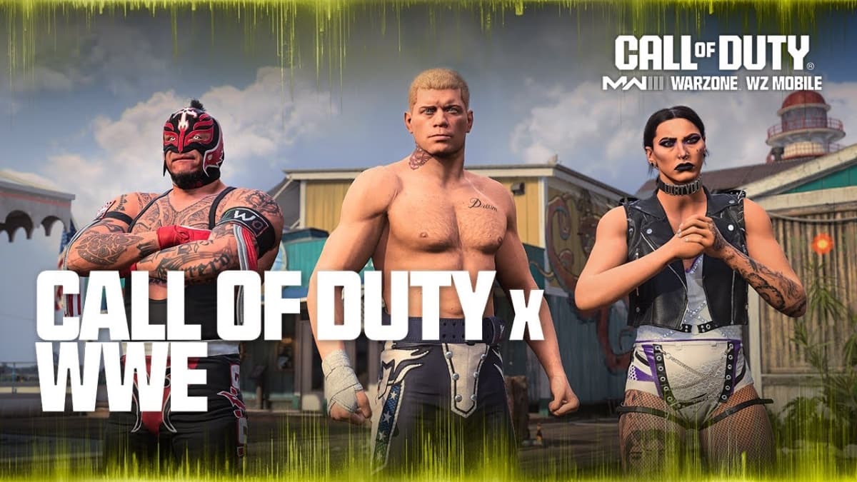 Rey Mysterio to the left, Cody Rhodes in the centre, and Rhea Ripley on the right as their Call of Duty Warzone avatars