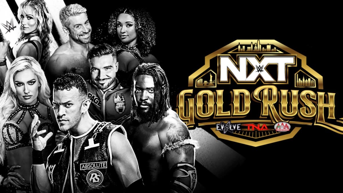NXT Gold Rush logo with Ricky Saints, Oba Femi, Ethan Page, Joe Hendry, and Kelani Jordan on the poster