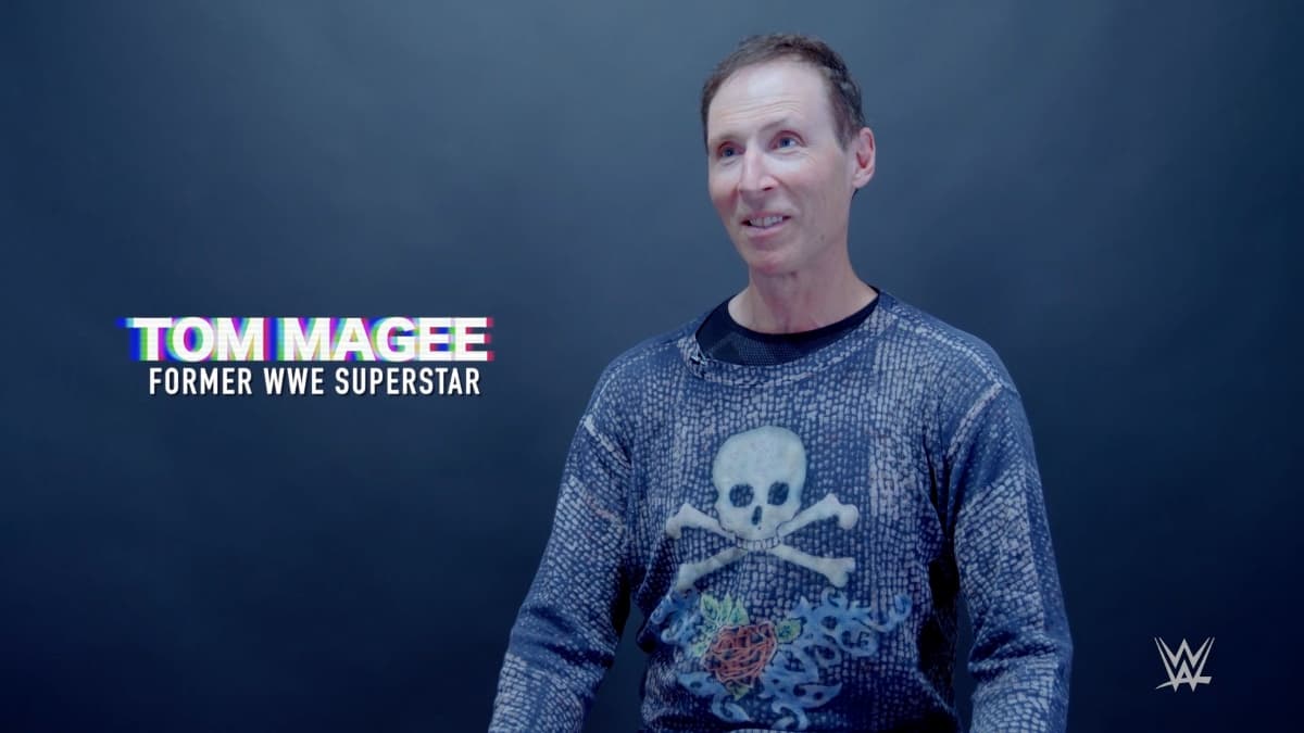 Tom Magee in 2019 sitting down for WWE Network documentary