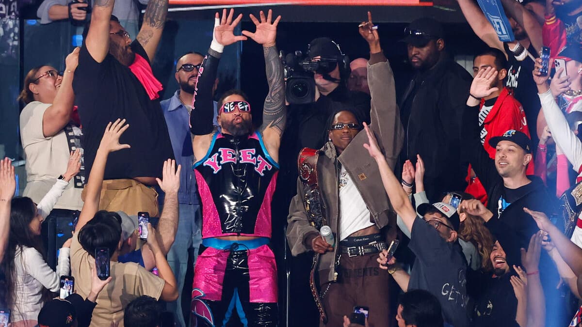 Travis Scott and Jey Uso YEETING during WWE Raw Netflix premiere entrance
