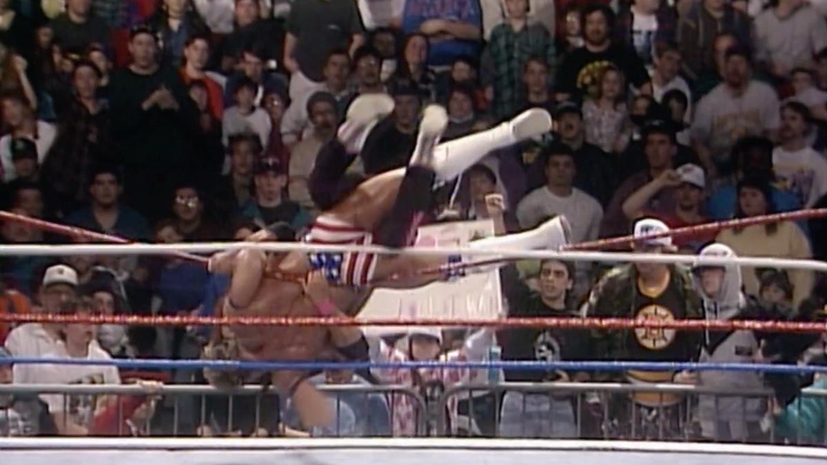 Bret Hart and Lex Luger following over the ropes at Royal Rumble 1994