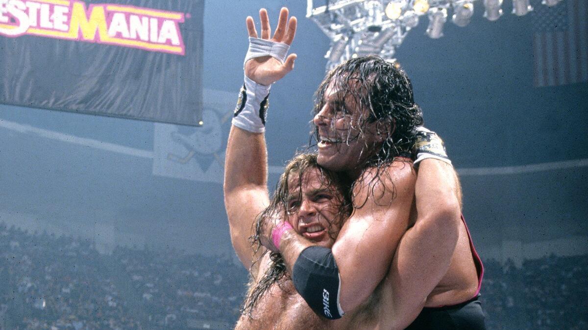 Bret Hart and Shawn Michaels grappling at WWE WrestleMania XII