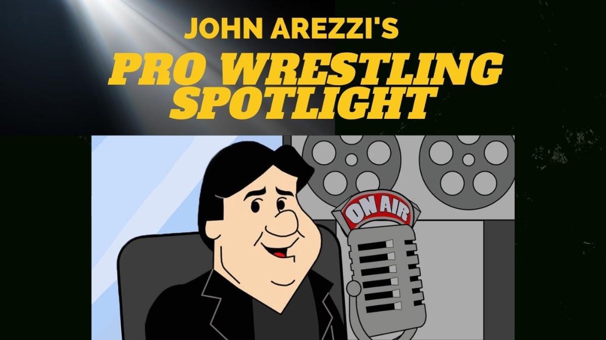 Cartoon graphic of John Arezzi in front of a microphone in title card for Pro Wrestling Spotlight